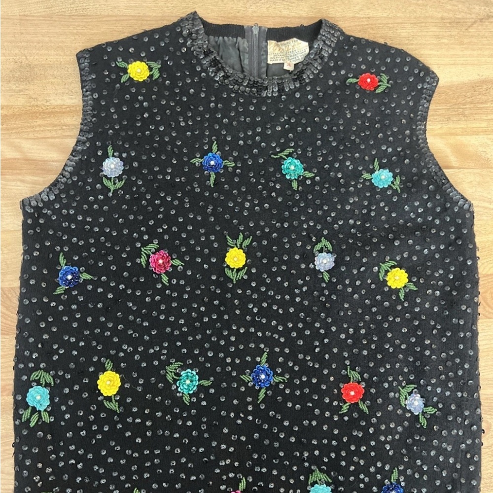 Cyn Les 1950s60s Hand Beaded & Sequined Floral Motif Wool & Angora Sleeveless 36